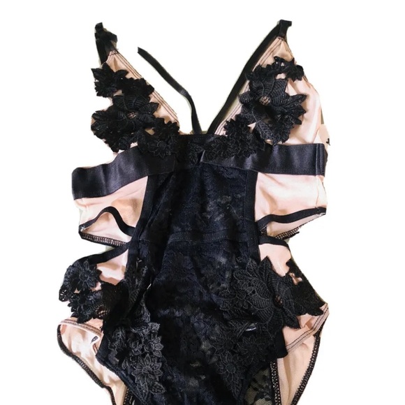 French Affair Tops Sexy Black Lingerie Women Bodysuit Lace Sleepwear Underwear Size Small